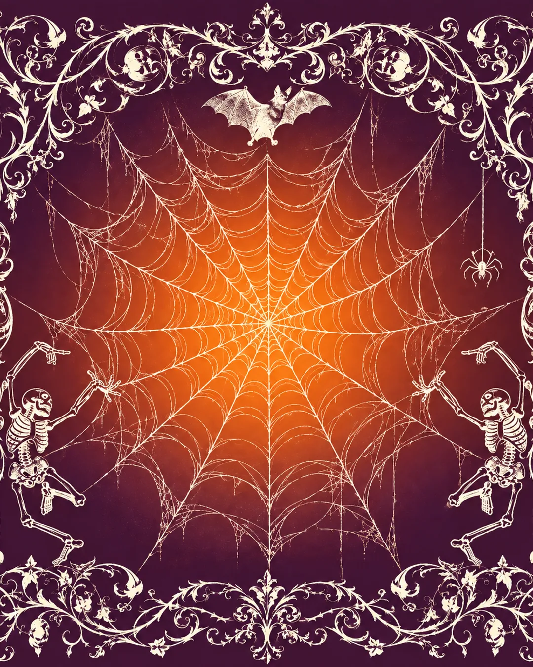 Ornate decorative border with skulls, skeletons, and baroque flourishes frames an orange gradient spiderweb with a bat and…