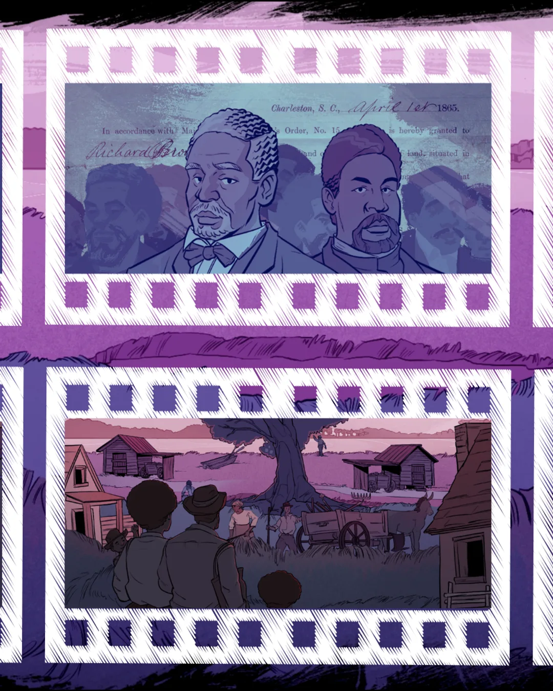 Film strip display featuring illustrated and photographic scenes with purple tones, including a person singing into a…