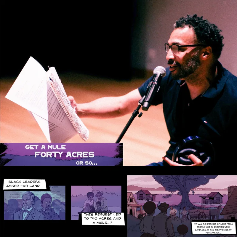 Man wearing sunglasses speaking at microphone while holding sheet music, with warm stage lighting and purple text overlay…
