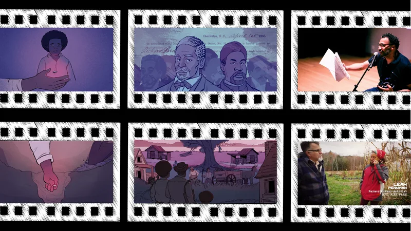 Six film strip frames showing animated and documentary scenes including portraits, historical figures, a performer with…