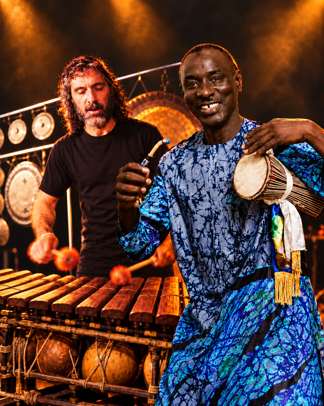 Two musicians perform on stage under warm golden lighting: one in a blue patterned shirt holding a djembe drum, the other…