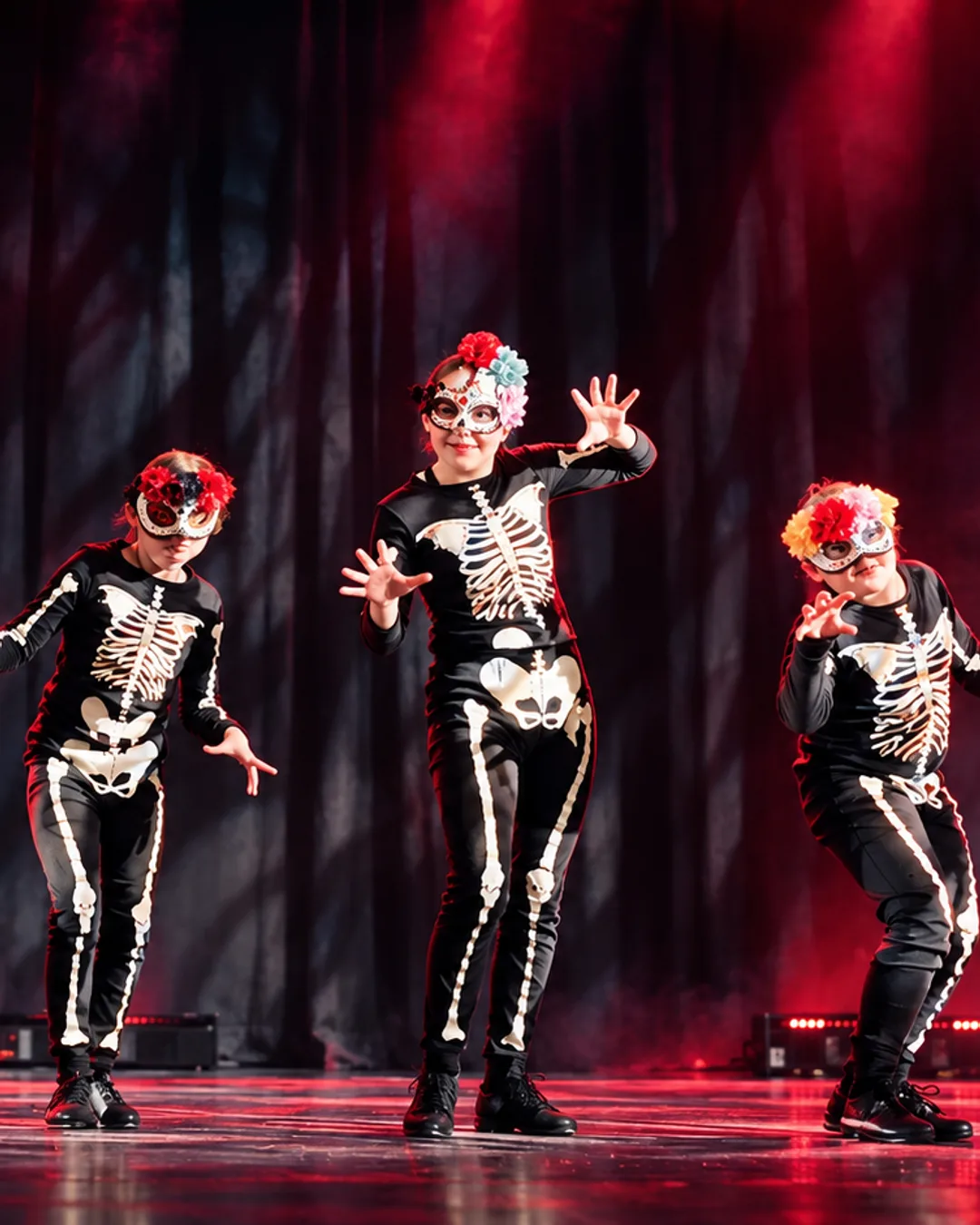 Five performers in skeleton costumes with red flower crowns and skull makeup dance under intense red stage lighting and…