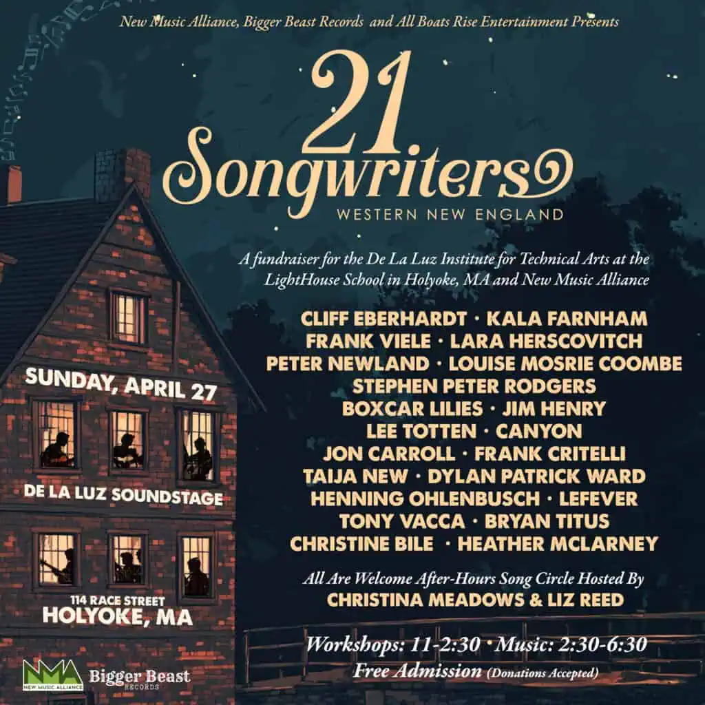 21 Songwriters event poster for Holyoke, MA on April 27.